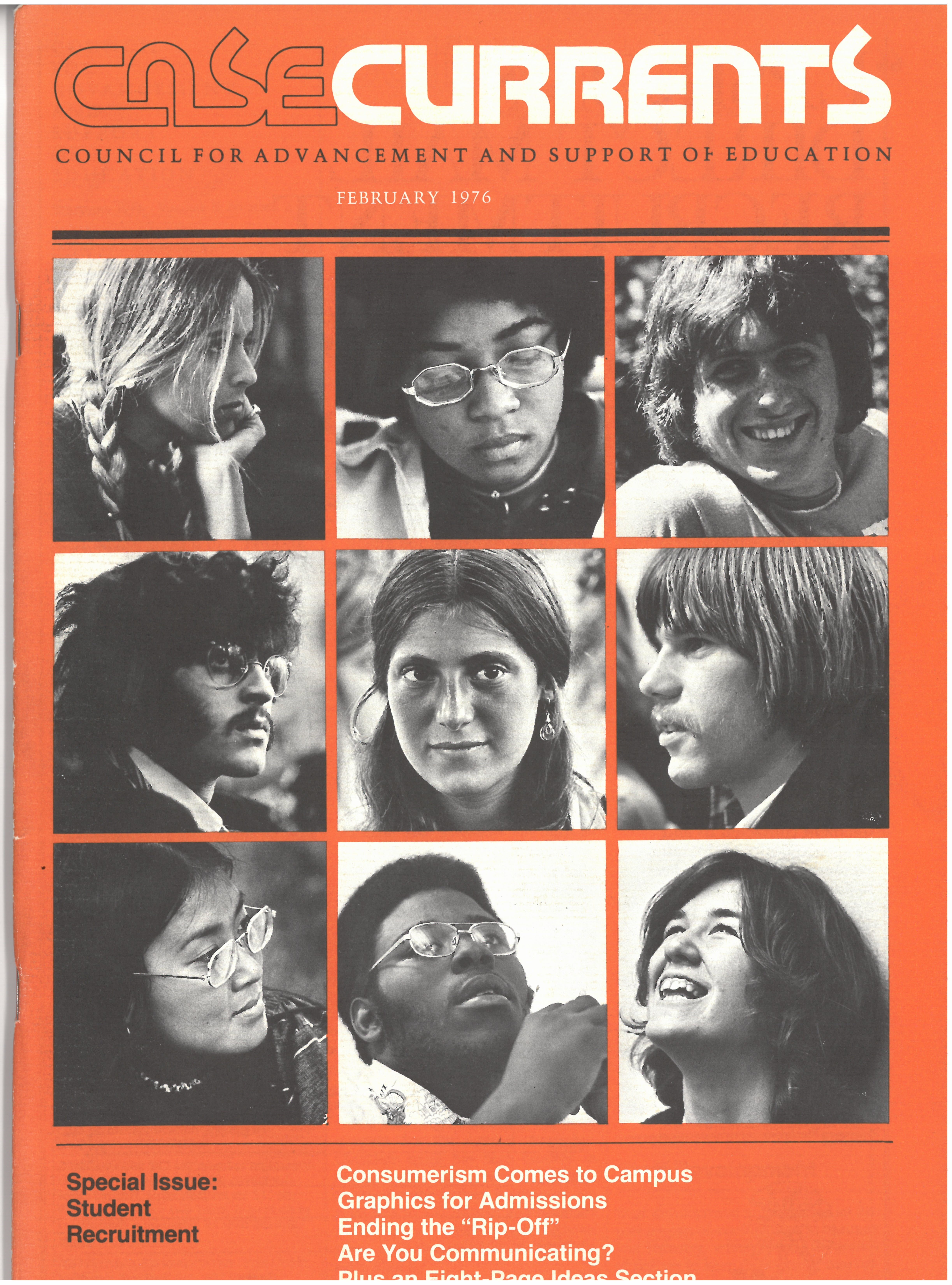 A orange Currents cover that features a black and white 3x3 grid of photos of student faces.