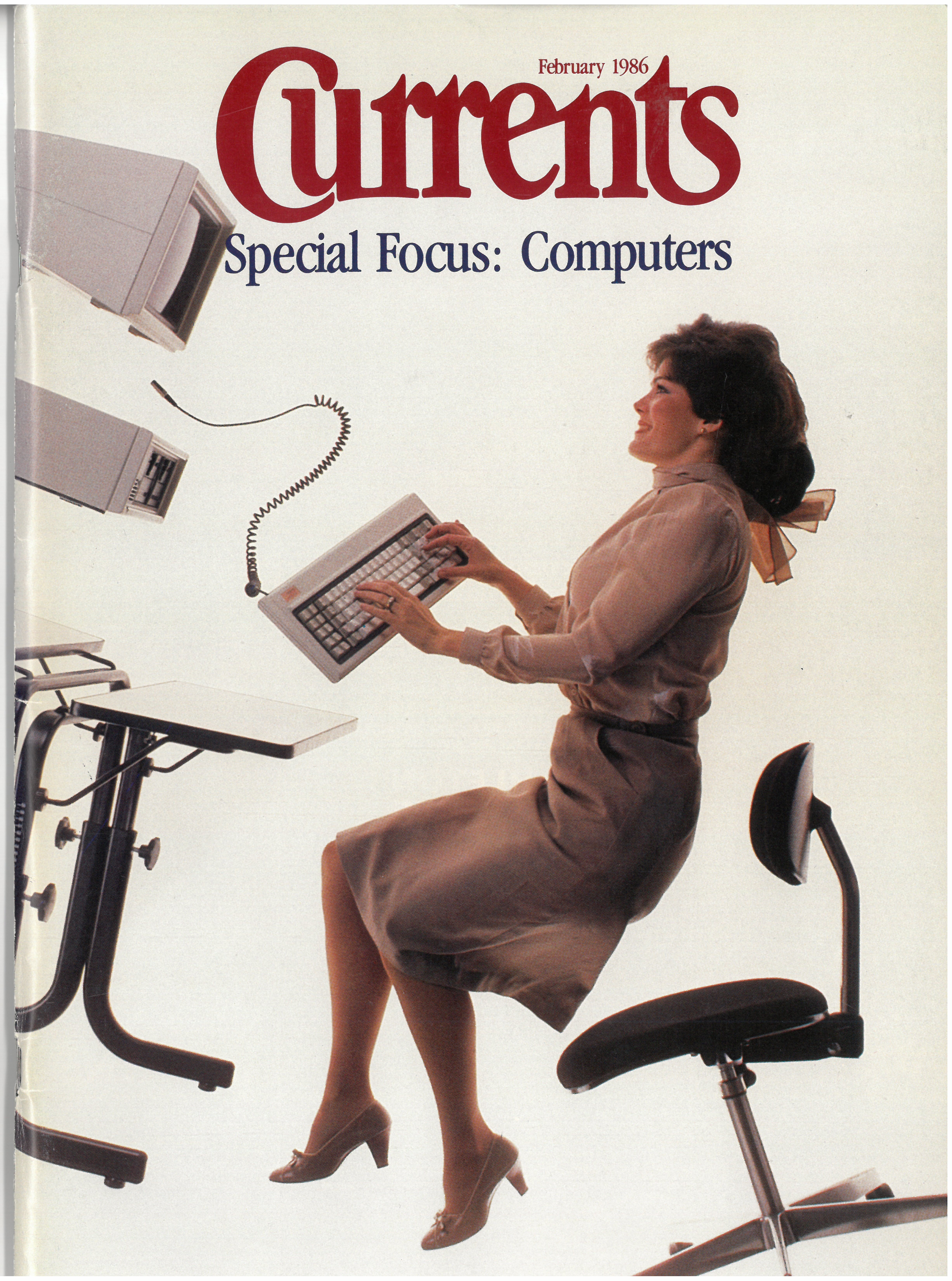 A Currents cover that features a floating woman typing on a keyboard amongst other floating office equipment, including a computer and desk chair.