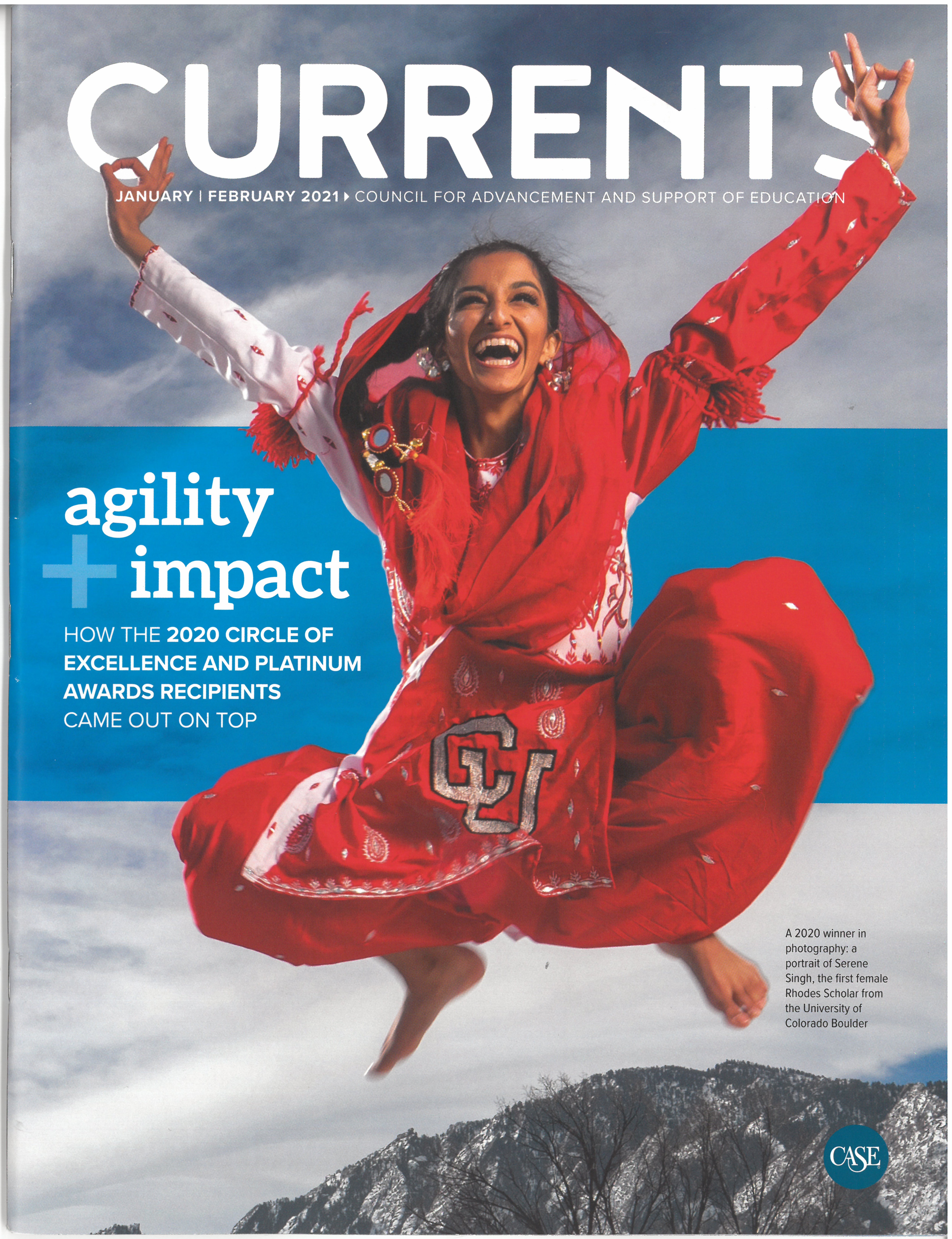 A Currents cover shows Serene Singh jumping in the air. She wears red University of Colorado Boulder themed clothing.