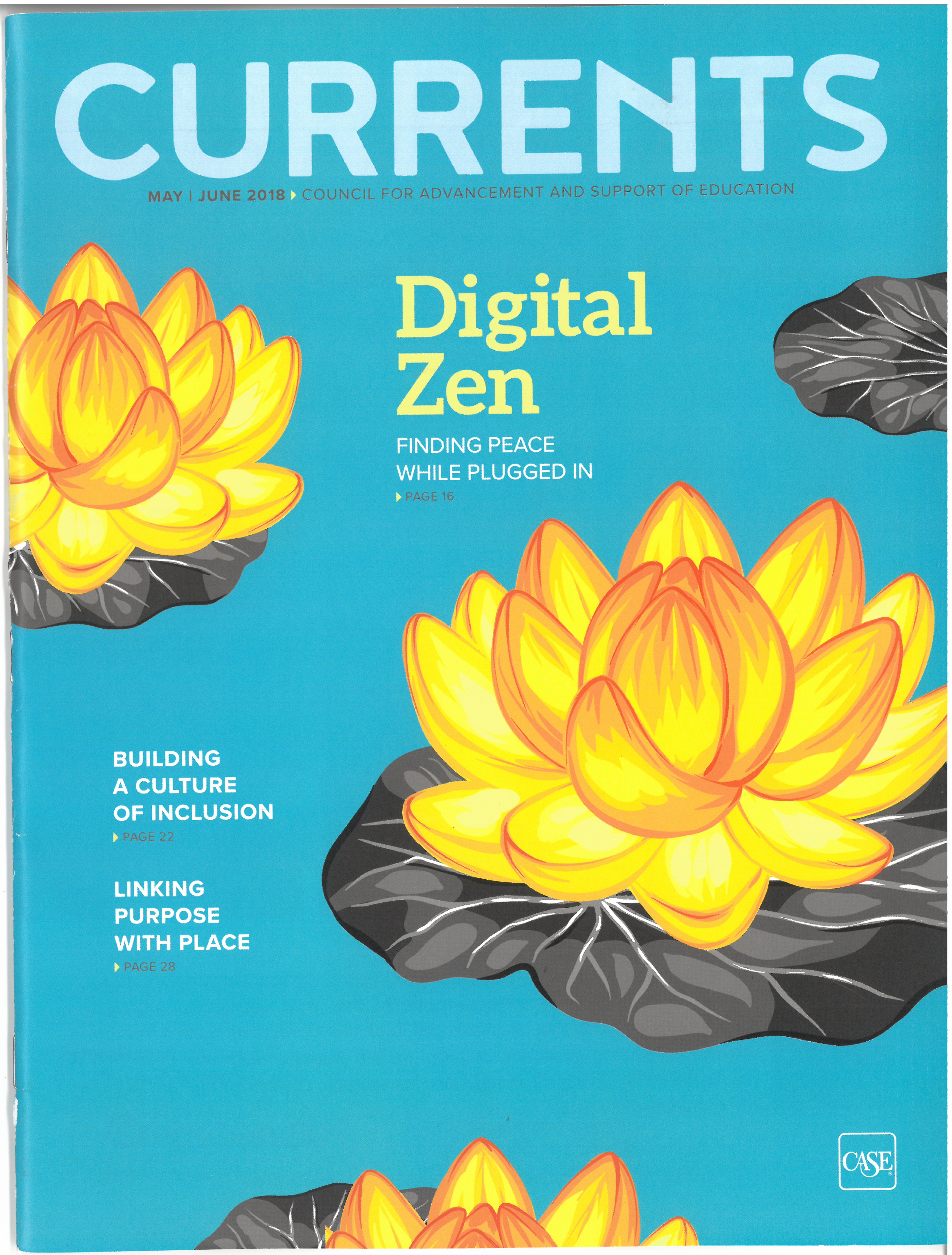 A Currents cover shows lotus flowers against a light blue background.