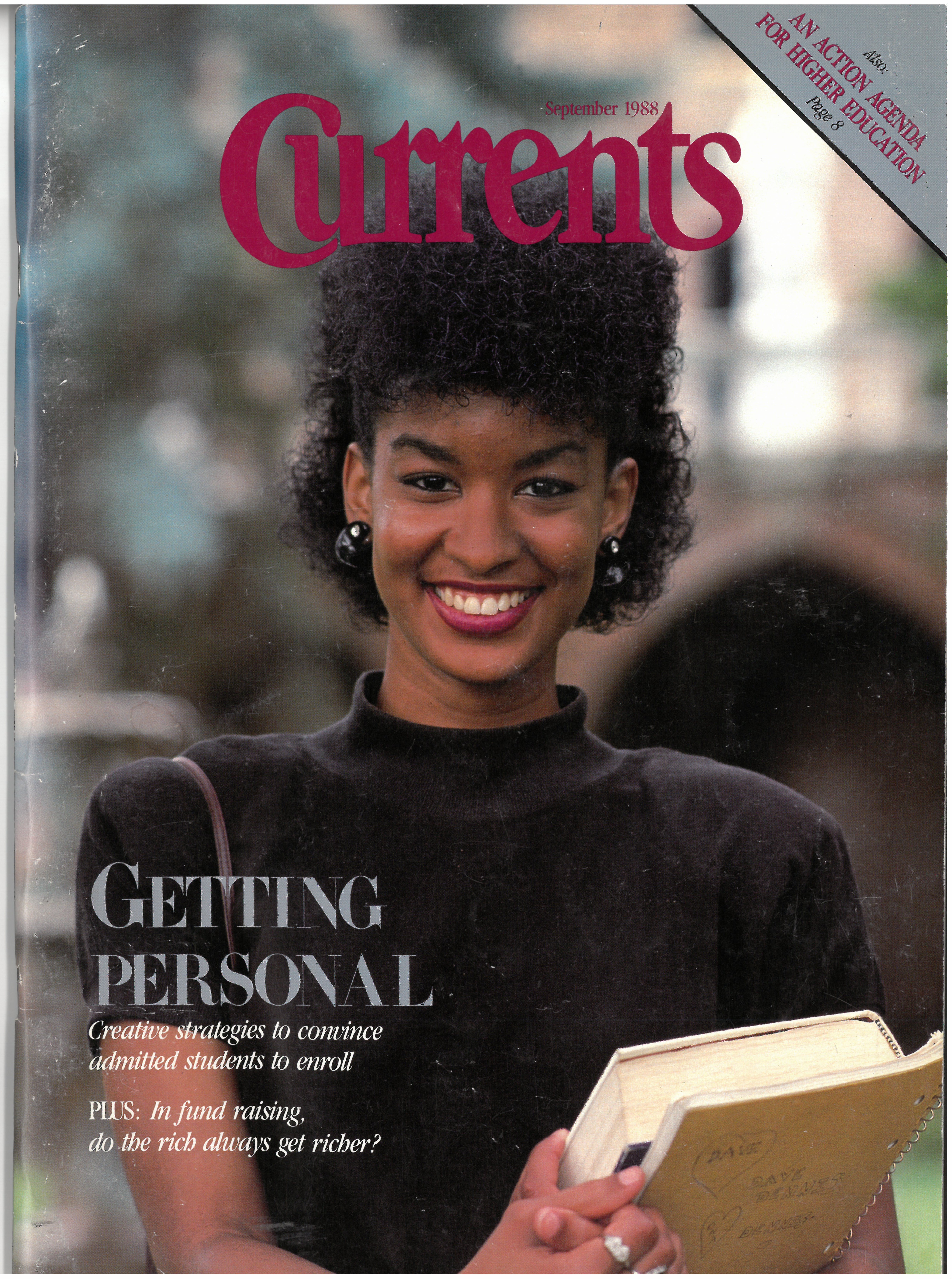 A Currents cover featuring a Black woman student standing on campus holding books.