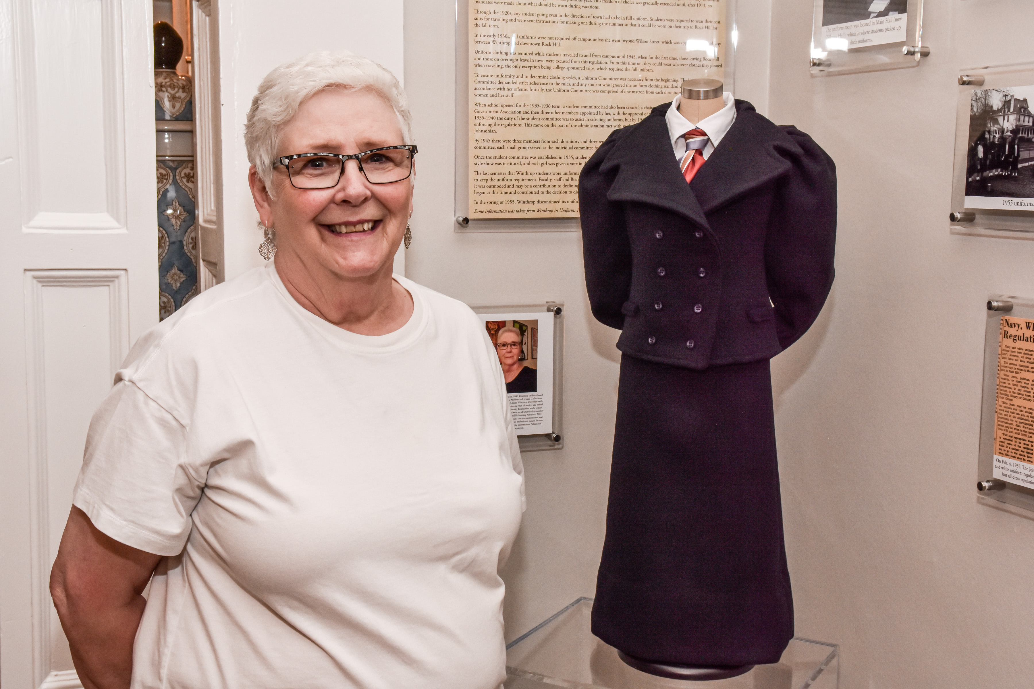 Inside the Morgan Holcombe Alumni Center, visitors can see artifacts from the university's past, including this recreation of the 1886 Winthrop student uniform, crafted by faculty member and alumna Brenda Floyd. 