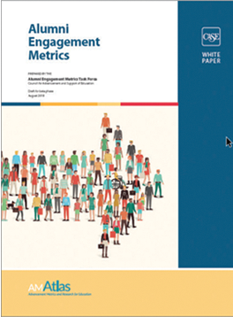 Cover of the White Paper on Alumni Engagement Metrics. It shows cartoon people standing in a group to make the shape of an arrow.