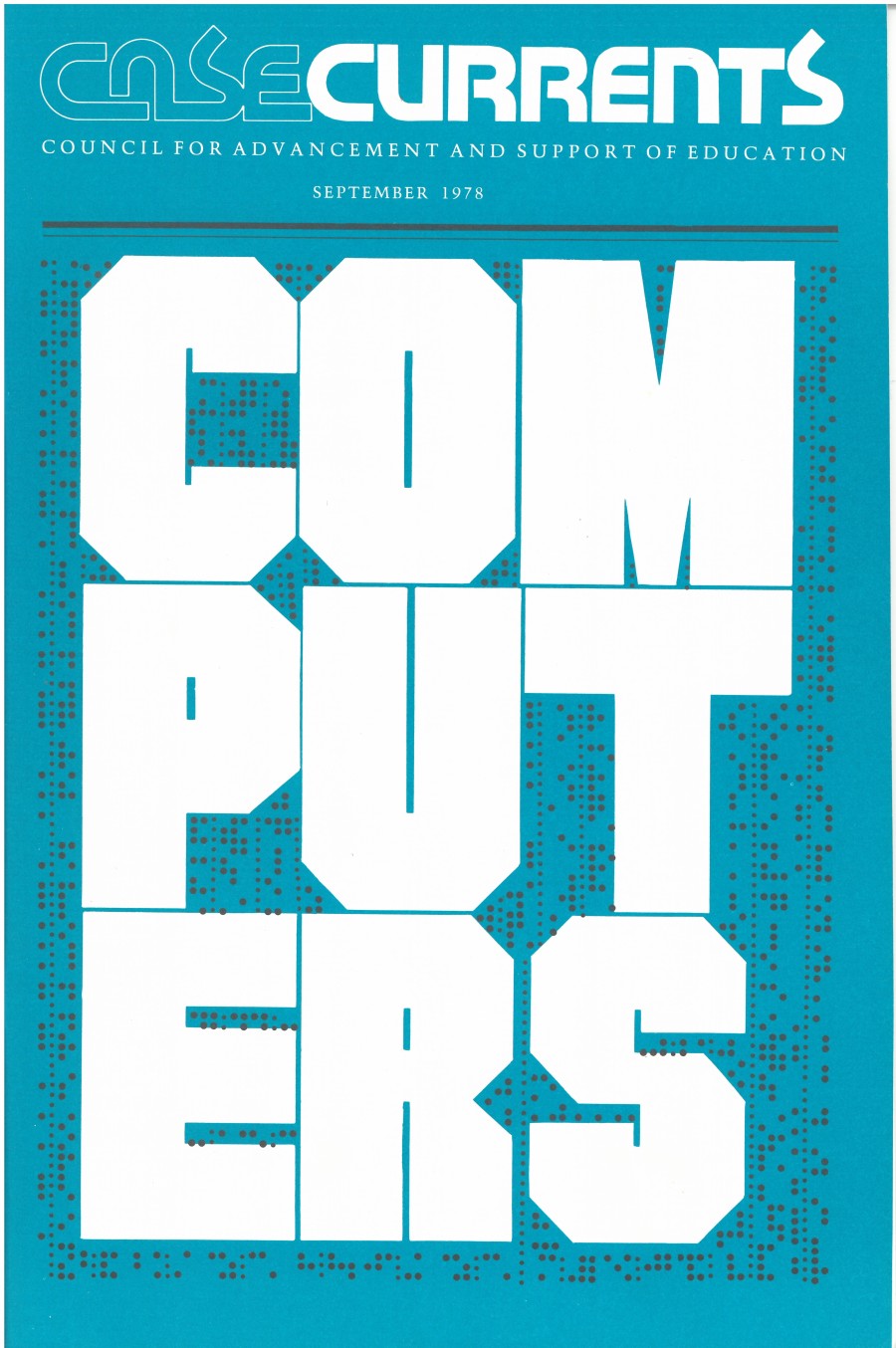 Cover of the September 1978 issue of Currents, that displays the word "Computers" in big block letters on a background of punch tape.