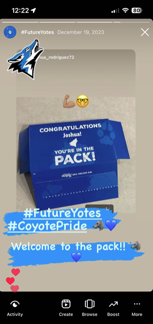 Screenshot of student social media post with CSUSB's acceptance package