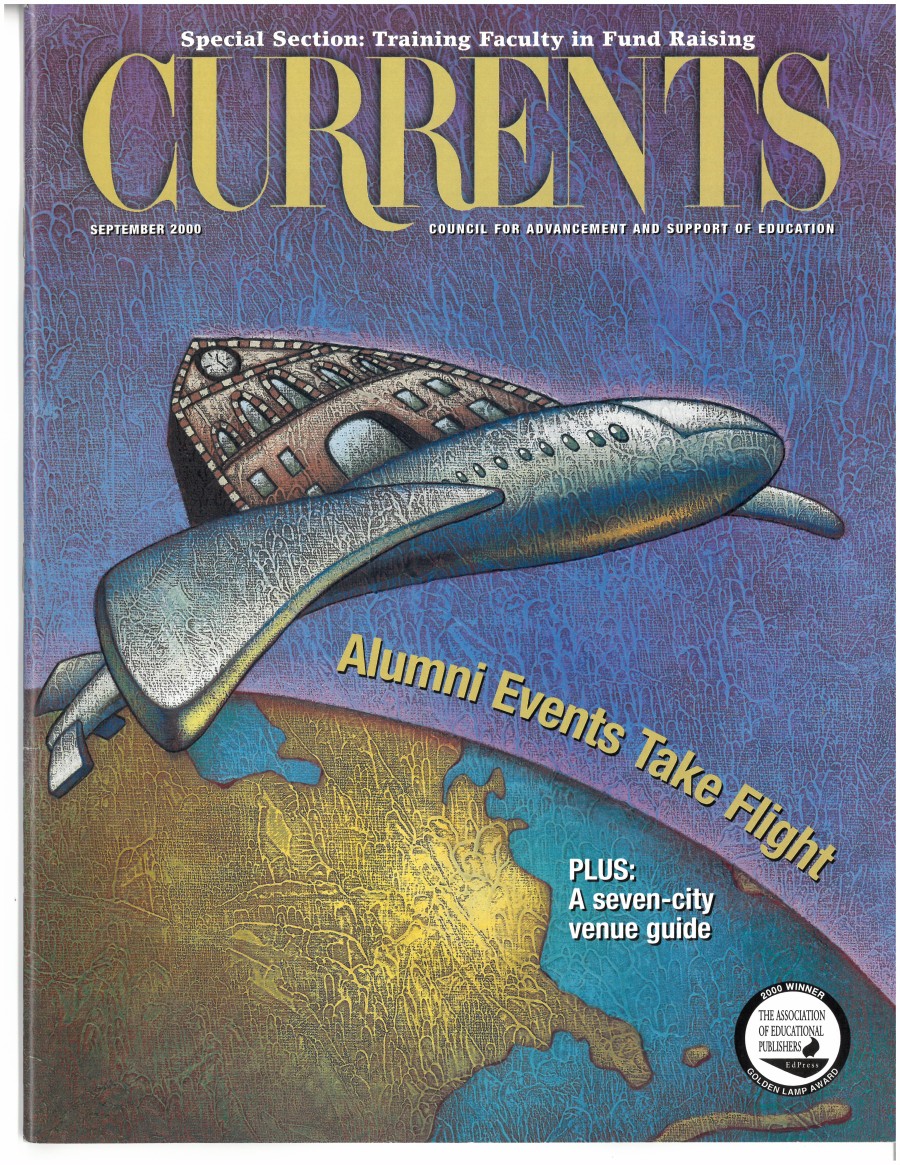 Cover of the September 2000 edition of Currents. It shows a plane with a building on top of it flying over a globe, with the words "Alumni Events Take Flight."