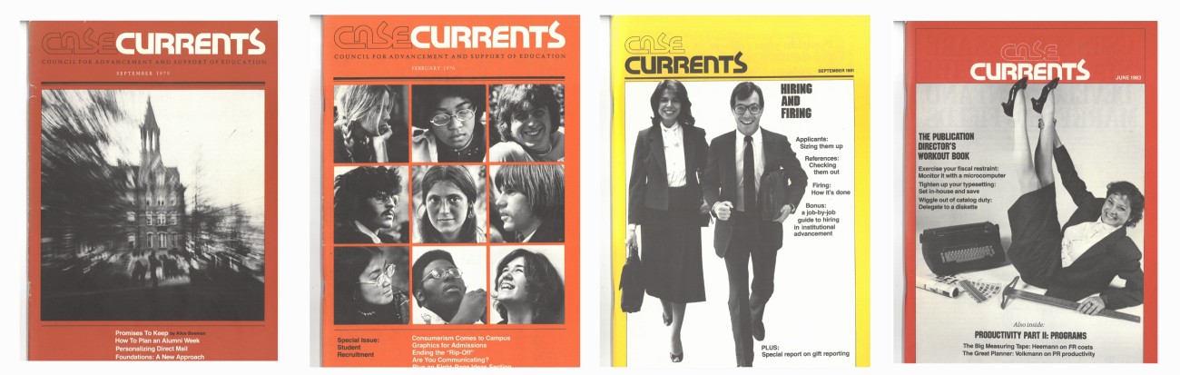 A series of four Currents covers. The first is red with the image of an old campus building. The second is orange and shows a 3x3 grid of student faces. The third is yellow and shows a man and woman in business clothes and carrying briefcases, walking side by side. And the fourth is red and shows a woman in business clothes posing like Jane Fonda's Workout.