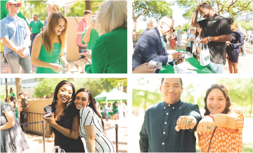 Collage of 4 photos. Top left: a graduate is presented with a class ring. Top right: another graduate is presented with a class ring. Bottom right: Two graduates pose with their fists extended toward camera to show off their class rings. Bottom left: Two people pose for camera, one holds a class ring box.