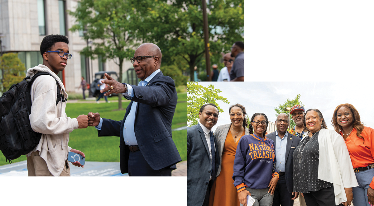 Two photos. One shows a student and older adult fist bumping. A second shows a family posing with their graduate. All wear MSU colors.