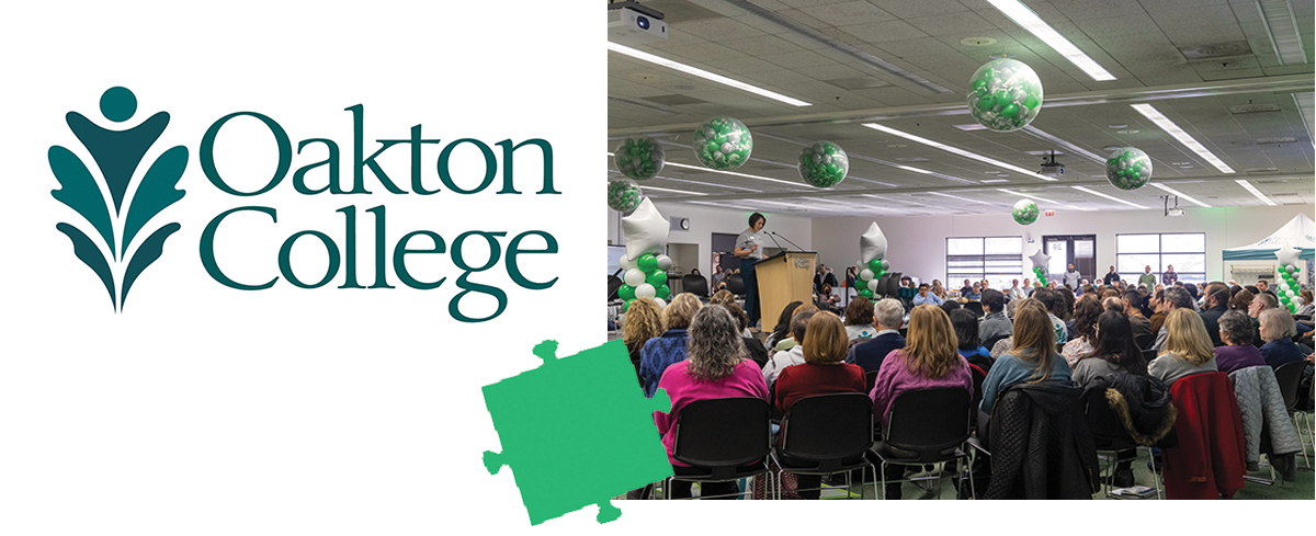 Two images; the Oakton College logo and a room with people sitting in rows of chairs facing a raised platform and podium. Balls filled with balloons and streamers hang from the ceiling, waiting to be popped. It's a celebration.