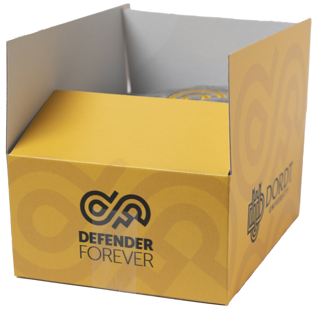 A yellow-colored box with the words "Dordt University" and "Defender Forever" on its sides.