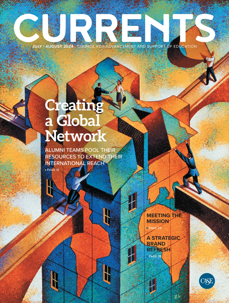 Cover of the Jul/Aug 2024 issue of Currents. An illustration of four people carrying building blocks to form a building covered in an image of a world map.
