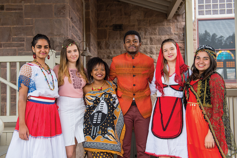 Students from UWC-USA representing (from left to right) Paraguay, Ukraine, Kingdom of Eswatini, Democratic Republic of Congo, Albania, and Kurdistan.
