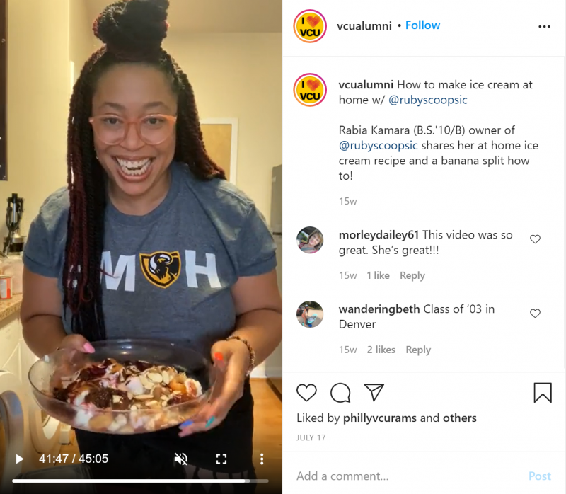 Screengrab of an Instagram post with a an alumnus making a banana split.