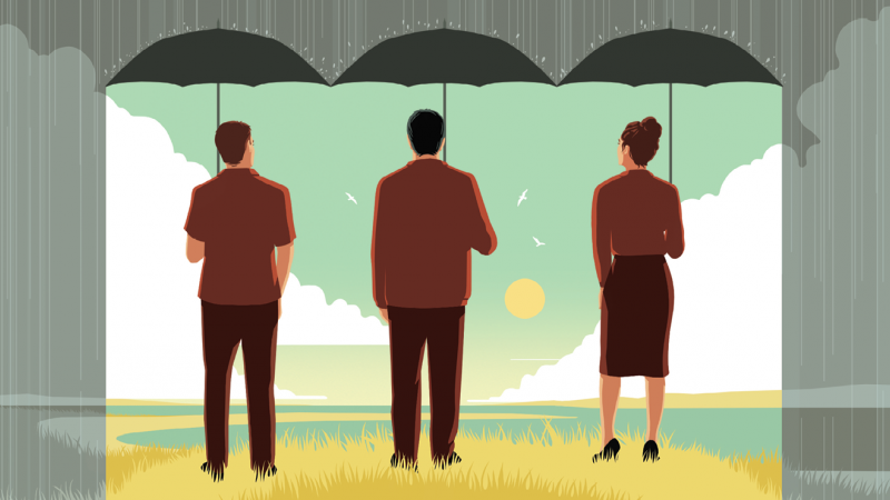 CARTOON: Rain parted at center with three people holding umbrellas