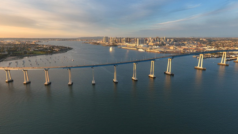 arial view of bridge and San Diego harbor