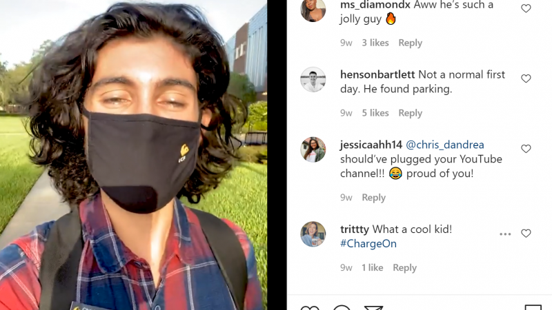 Screengrab of an Instagram post with a student (Chris) talking about his first day back on University of Central Florida's campus.